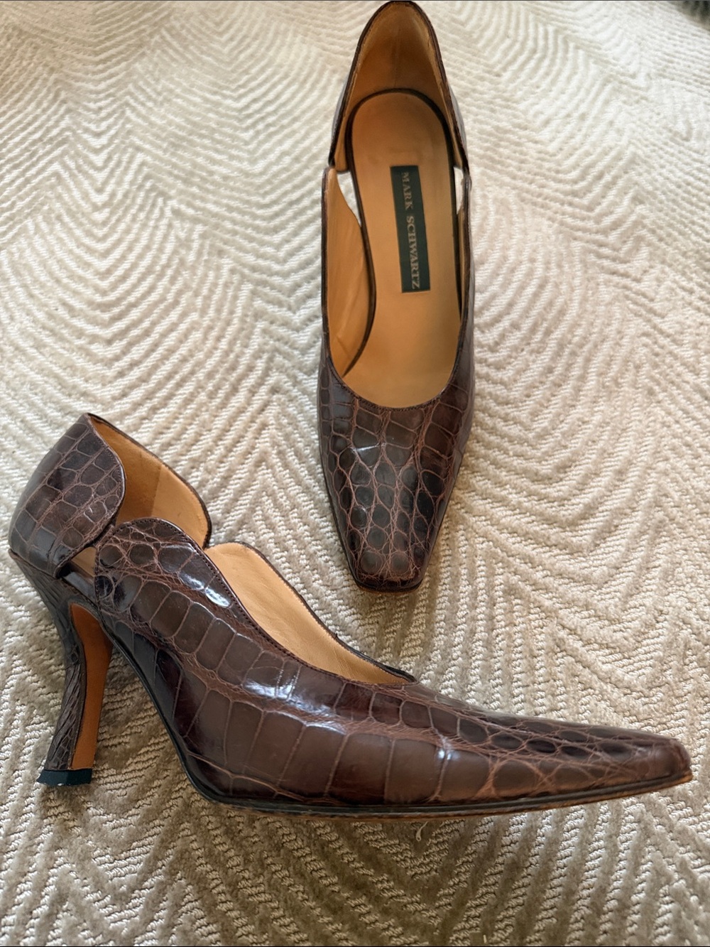 Nina Ricci Dark Brown Croc-Embossed Pointed-Toe Pumps